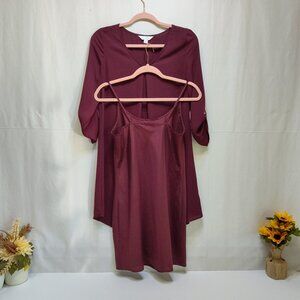 Decree Burgundy Roll Tab Sleeve Tunic Dress w/ Slip Small Casual Or Semi-Formal